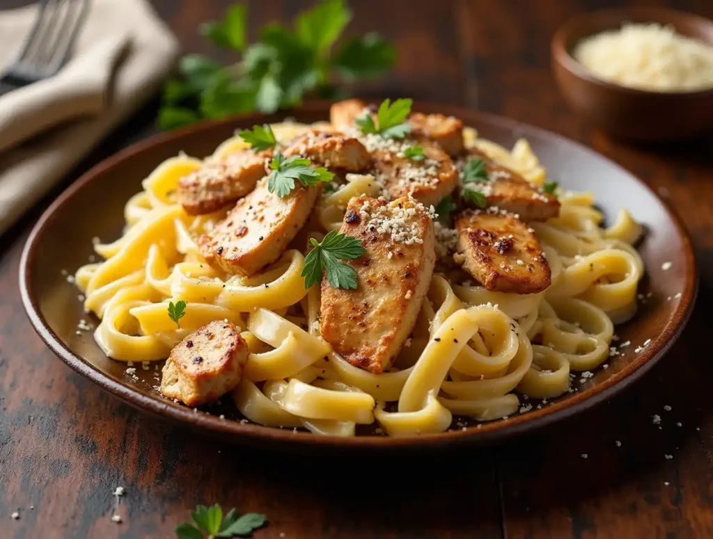 Plate of Cajun Chicken Pasta Alfredo with creamy sauce, seasoned chicken, and garnished with parsley and Parmesan cheese.