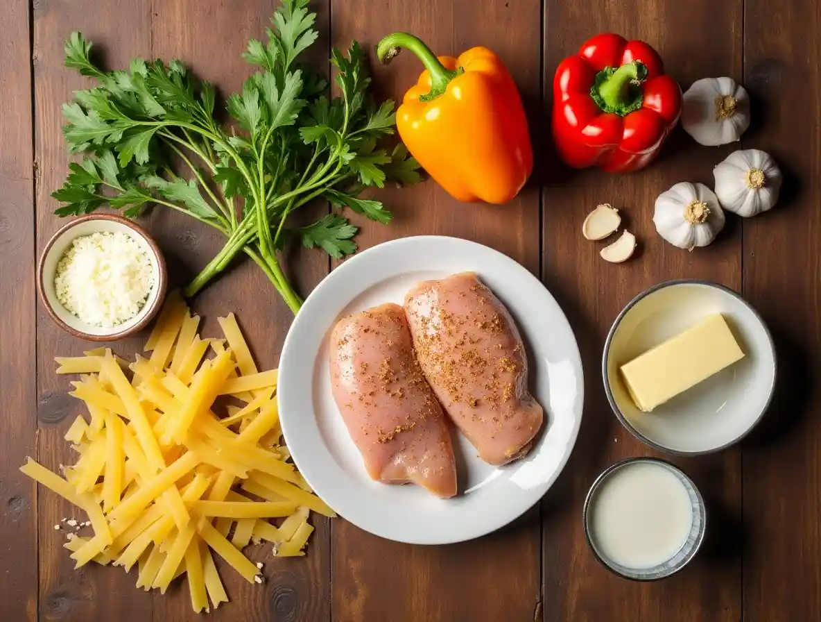 Ingredients for Cajun Chicken Pasta Alfredo, including chicken, pasta, Cajun seasoning, Parmesan cheese, garlic, heavy cream, butter, and parsley.