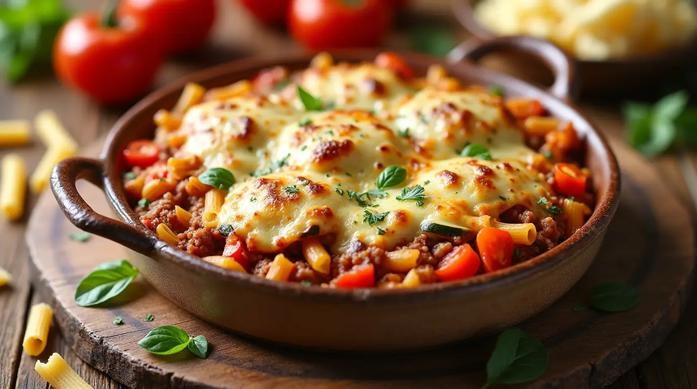 Beef and veggie pasta bake in a casserole dish, topped with bubbly mozzarella cheese and surrounded by fresh ingredients on a rustic wooden table