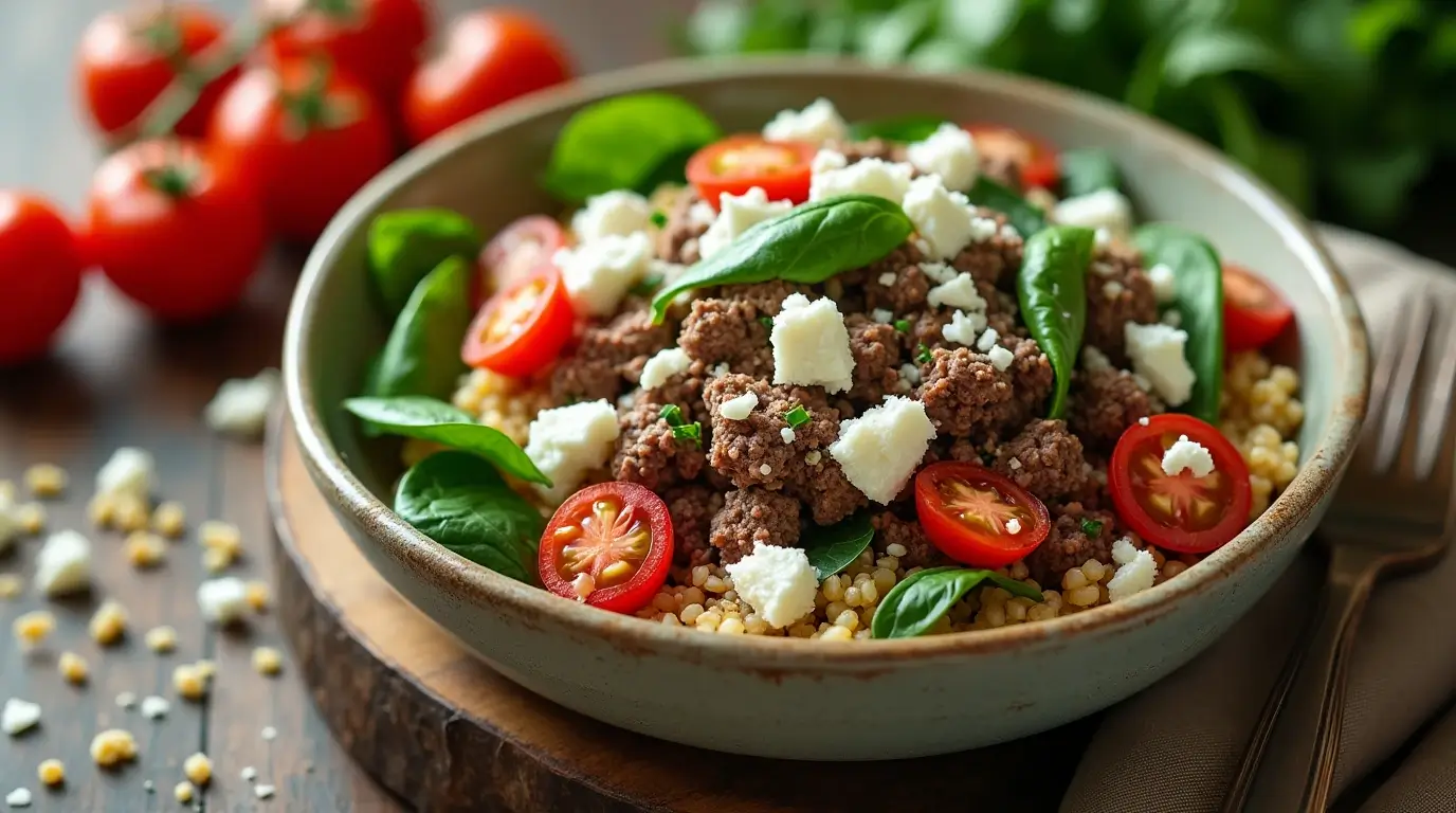 Ground beef and quinoa bowl topped with cherry tomatoes, spinach, and feta cheese, presented on a rustic wooden table with fresh ingredients.