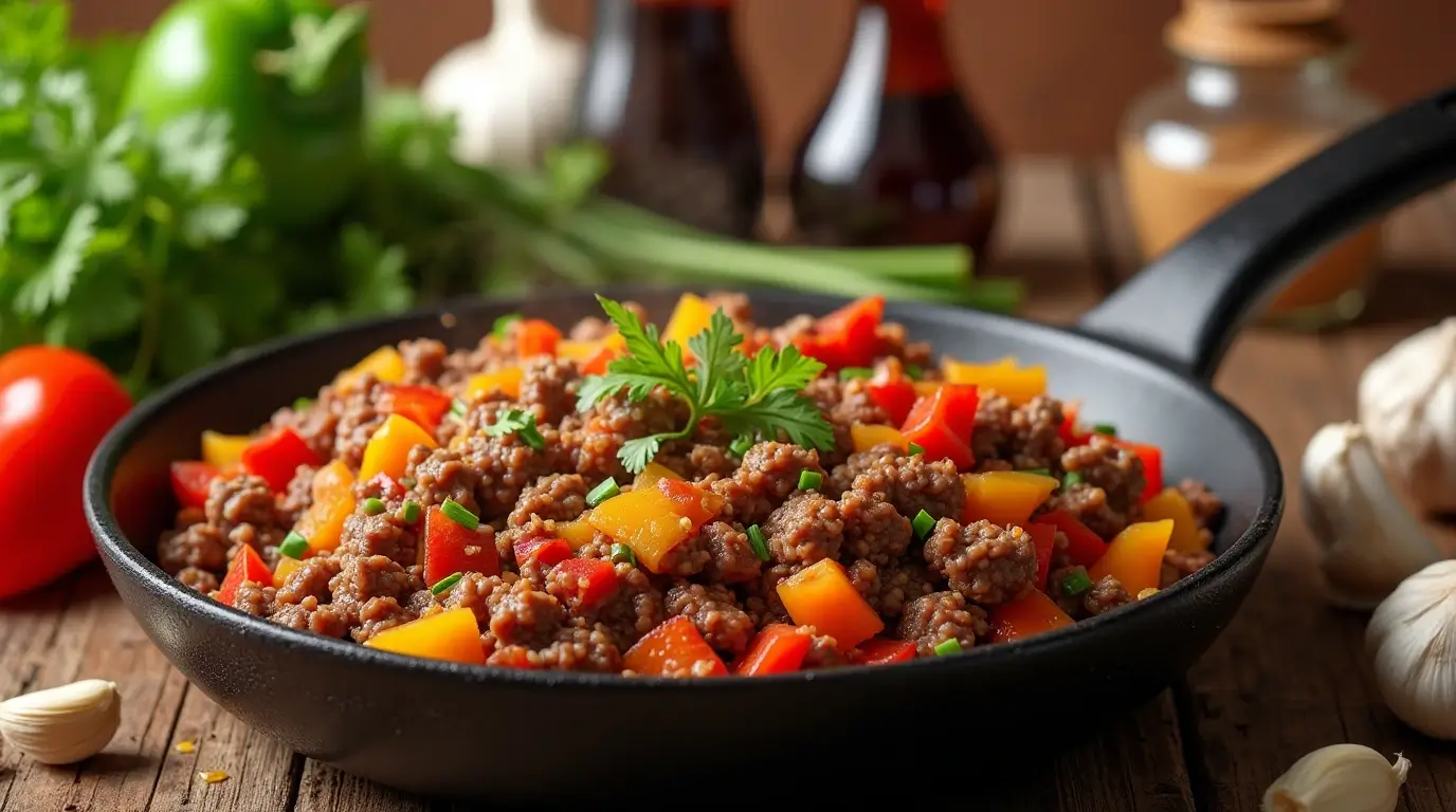 Skillet filled with healthy ground beef Ground Beef Nutrition stir-fry, showcasing vibrant bell peppers, garlic, and a drizzle of soy sauce for a flavorful and nutritious dish