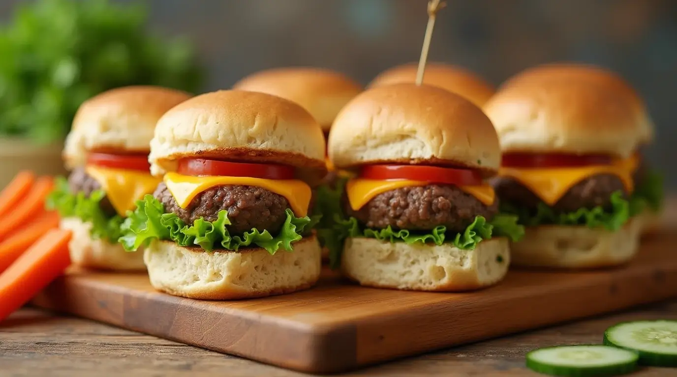 Mini beef sliders on whole-grain buns with lettuce, tomato, and cheddar cheese, accompanied by carrot and cucumber slices, perfect for a healthy kids' meal.