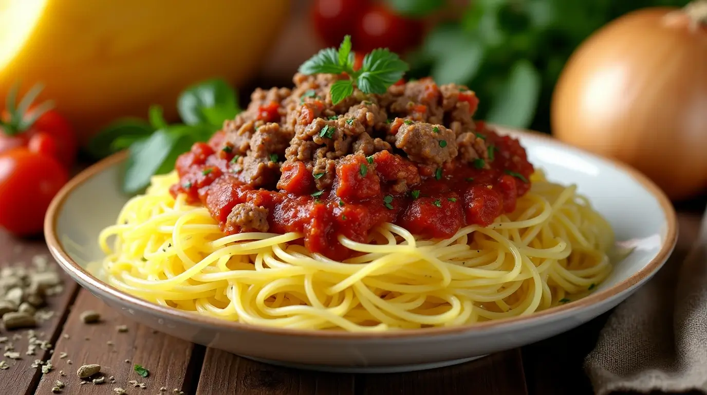 Golden strands of spaghetti squash topped with ground beef marinara sauce, garnished with fresh herbs and served on a rustic wooden table