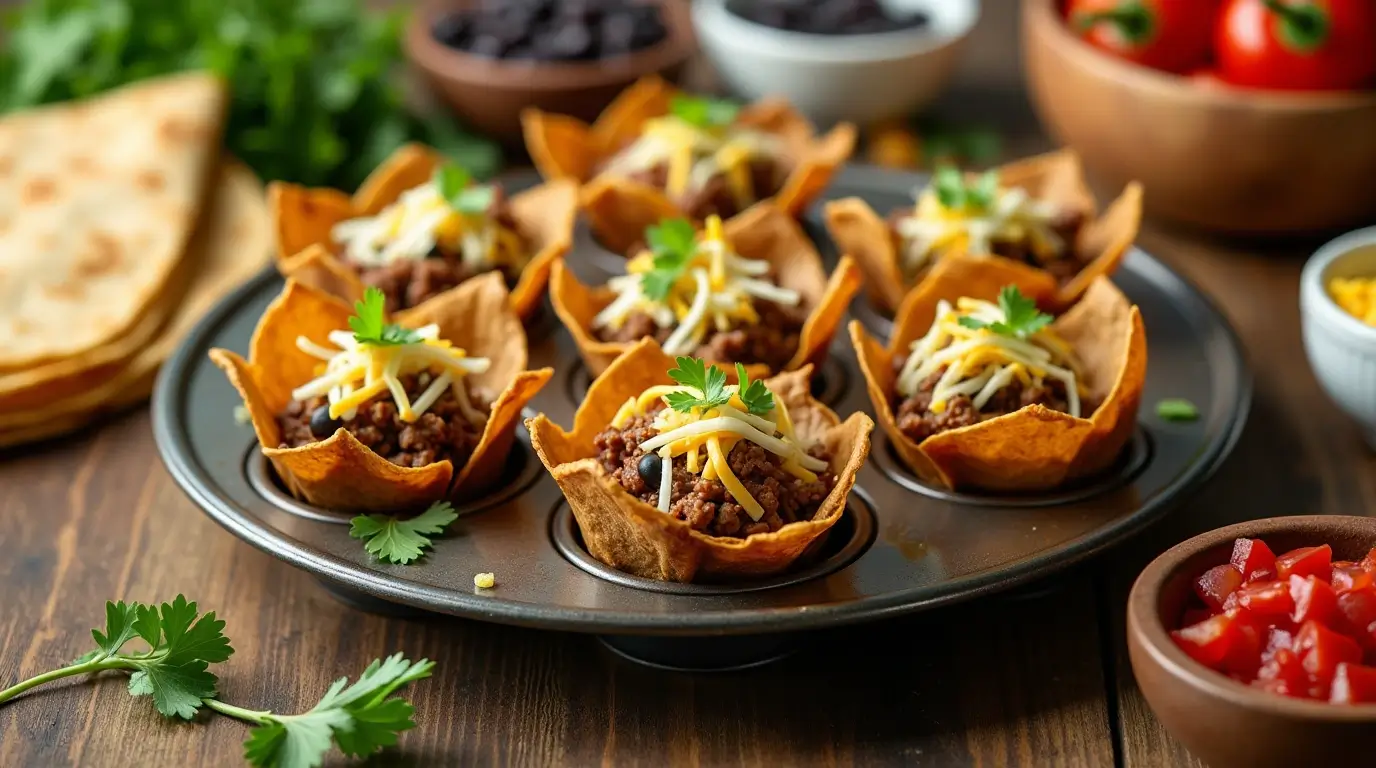 Colorful taco cups filled with seasoned ground beef, black beans, shredded lettuce, and salsa, served in a muffin tin with fresh ingredients around.