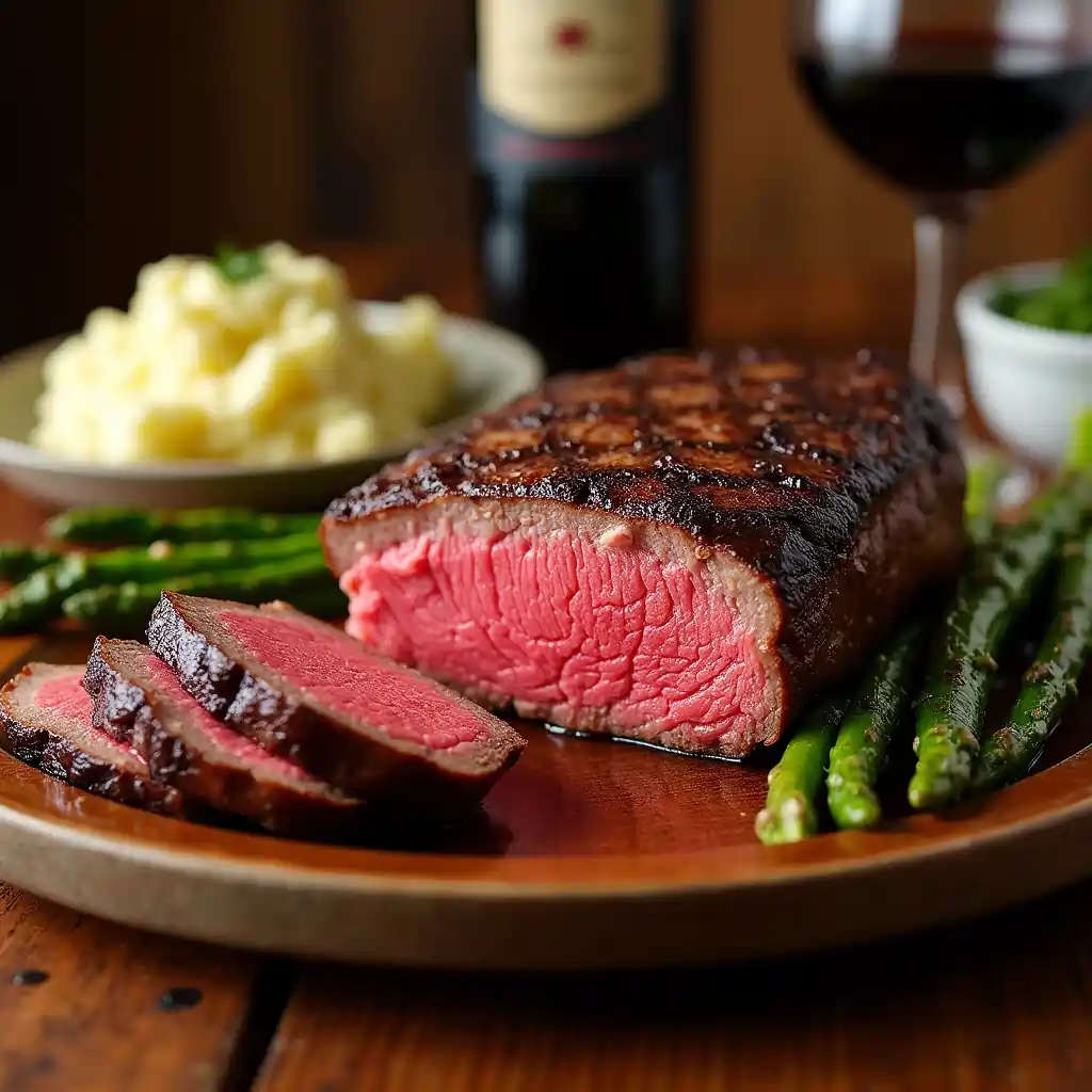 Juicy baseball steak sliced and served with garlic mashed potatoes, grilled asparagus, and chimichurri sauce on a wooden table.