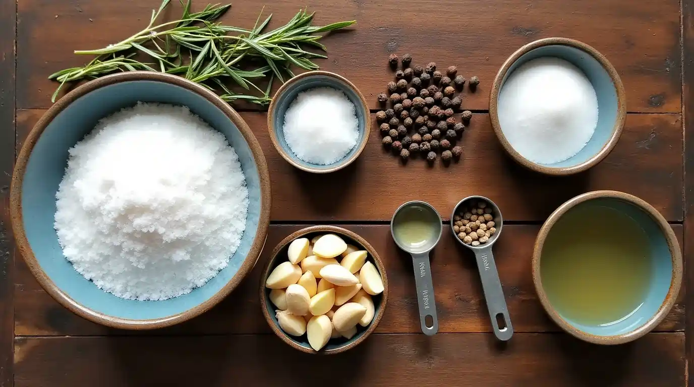 Kosher salt, sugar, garlic cloves, peppercorns, bay leaves, and a bowl of water arranged on a rustic wooden table with fresh rosemary