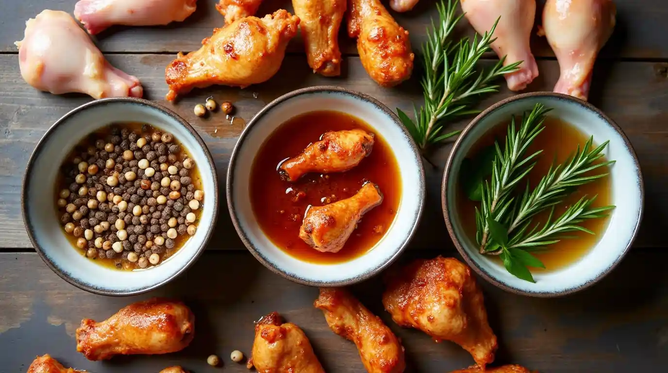 Three bowls of chicken wing brine variations: classic with peppercorns and bay leaves, sweet and spicy with chili flakes and honey, and herb-infused with fresh rosemary and thyme.