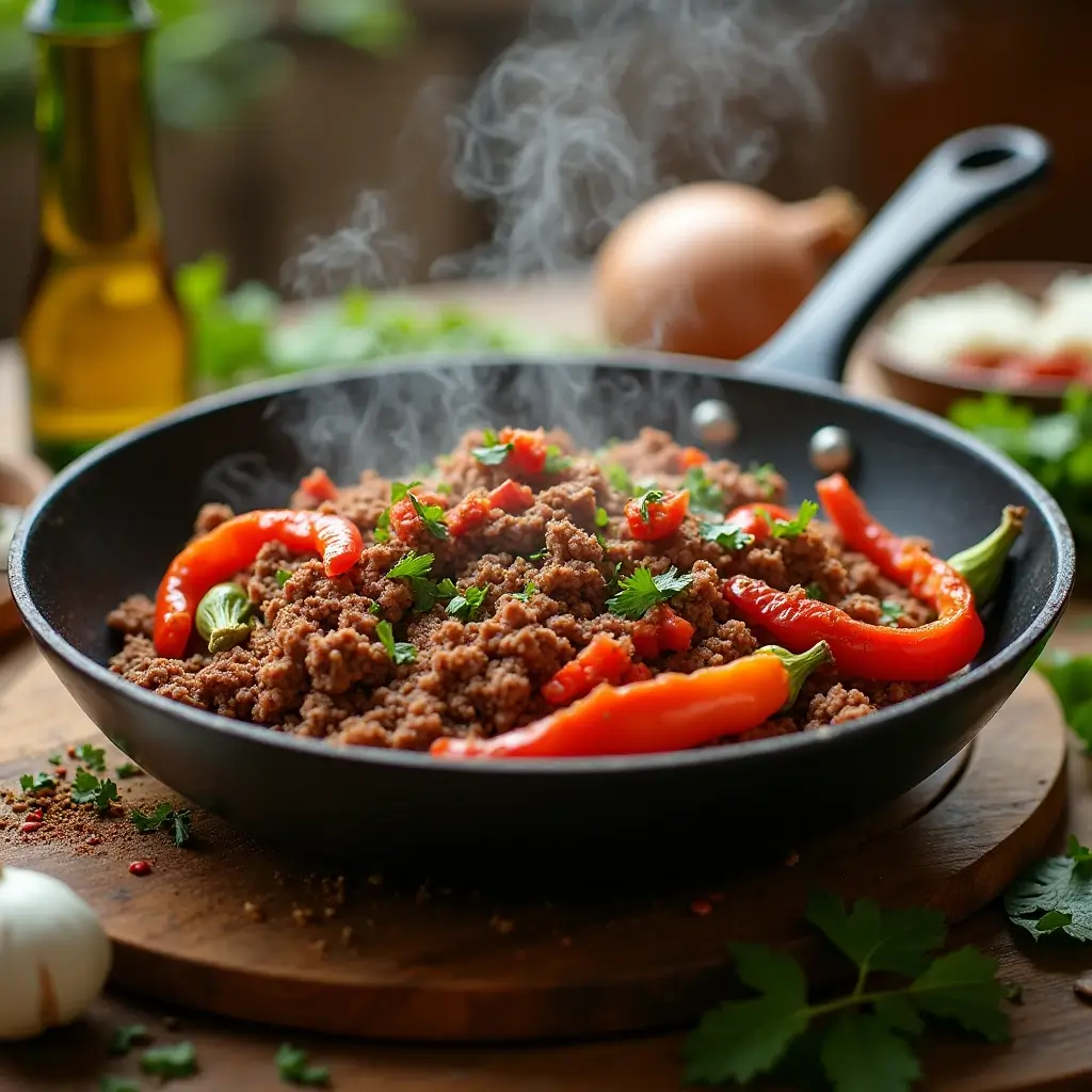 Freshly cooked ground beef with colorful bell peppers and garlic in a skillet, showcasing a healthy and nutritious meal preparation.