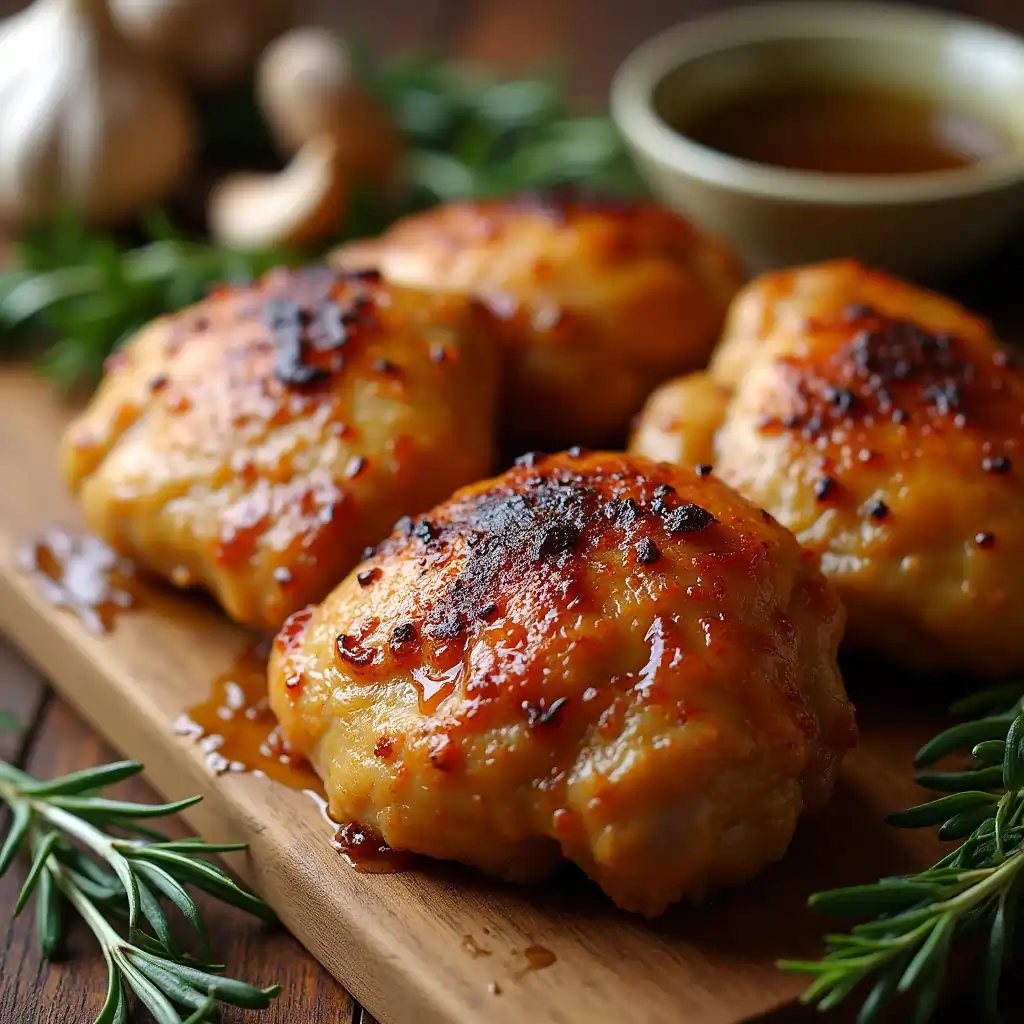 Brine chicken thighs on a cutting board with rosemary, garlic, and a bowl of brine solution.