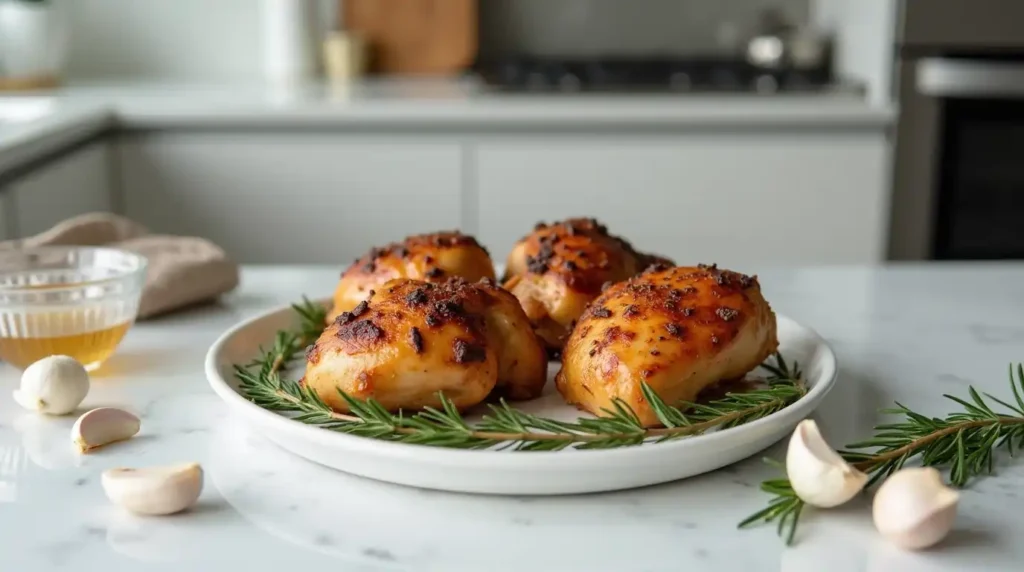 Brined chicken thighs plated in a modern kitchen with a bowl of brine solution, rosemary, and garlic cloves.