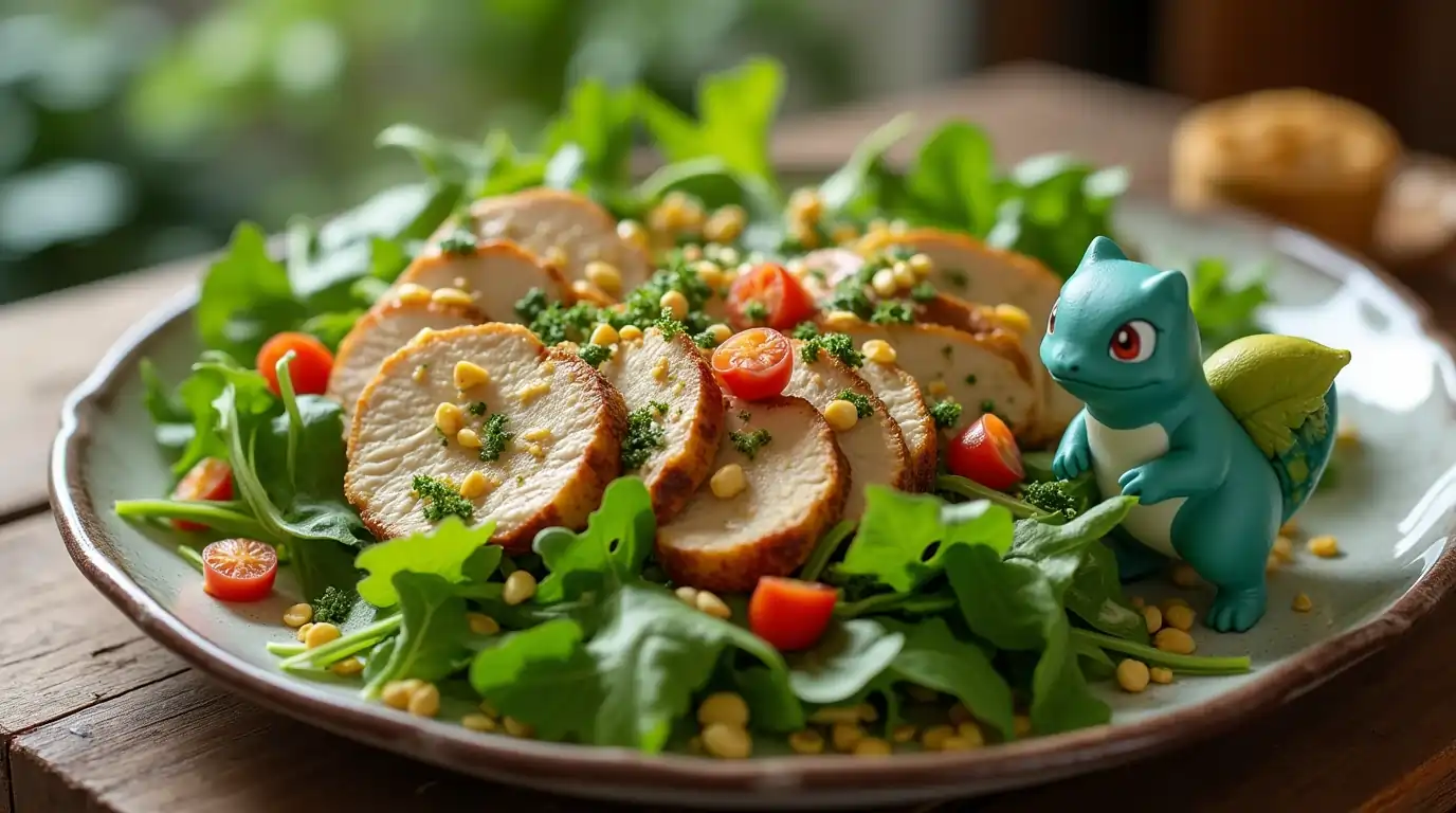 A fresh herbal salad with arugula, parsley, dill, and grilled chicken for Bulbasaur-inspired Pokémon Sleep Salad Recipes.