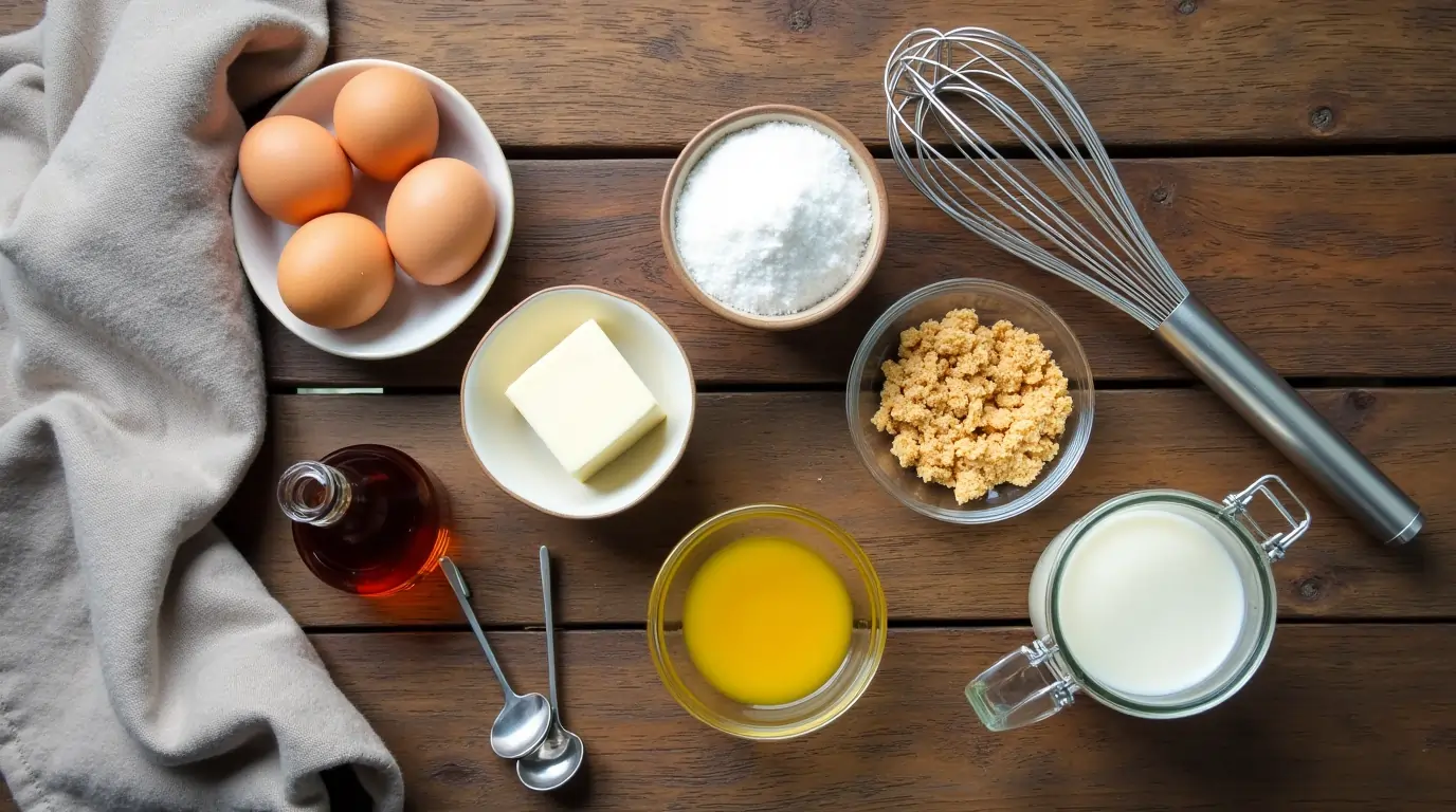 A flat-lay of ingredients for a cheesecake recipe, including cream cheese, sugar, eggs, vanilla extract, graham crackers, and sour cream on a wooden table.