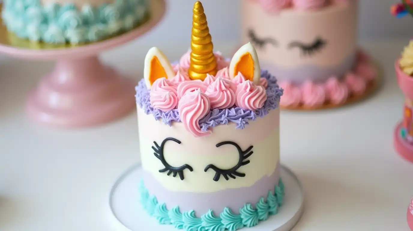 A pastel unicorn cake with pink, lavender, and blue swirls and a golden horn.