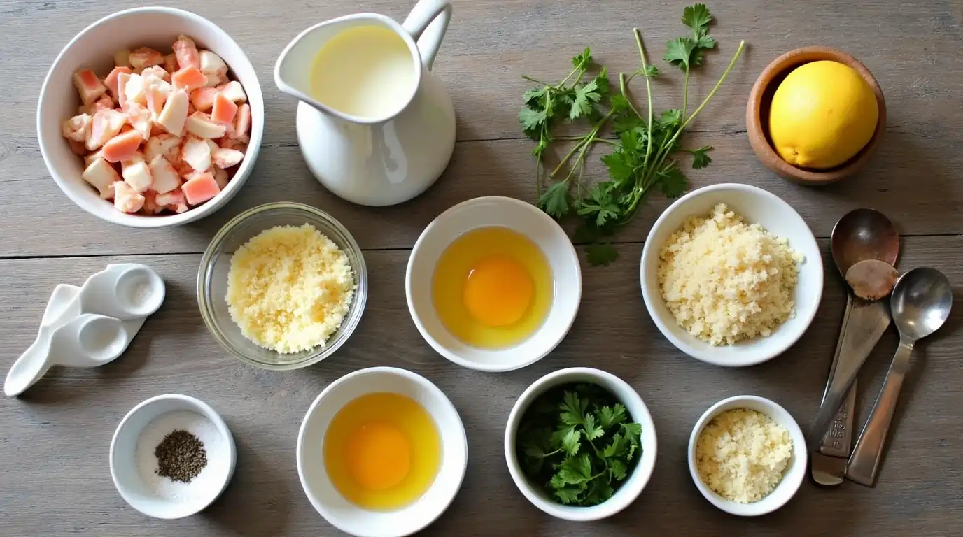 Ingredients for Crab Brulee Recipe including crab meat, cream, cheese, egg yolks, and seasonings arranged on a wooden table.