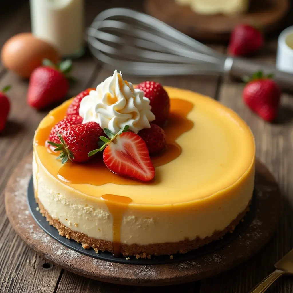 A creamy cheesecake recipe with a graham cracker crust, topped with fresh strawberries, caramel drizzle, and whipped cream on a wooden table.