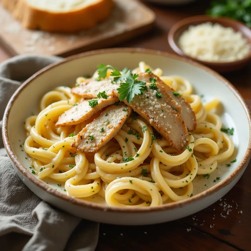 A bowl of creamy garlic parmesan chicken pasta topped with golden chicken strips and parsley, served on a wooden table.