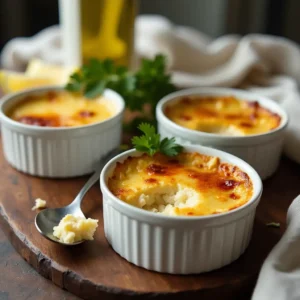 Crab Brulee Recipe served in ramekins with golden caramelized crust, garnished with parsley and lemon slices on a wooden table.