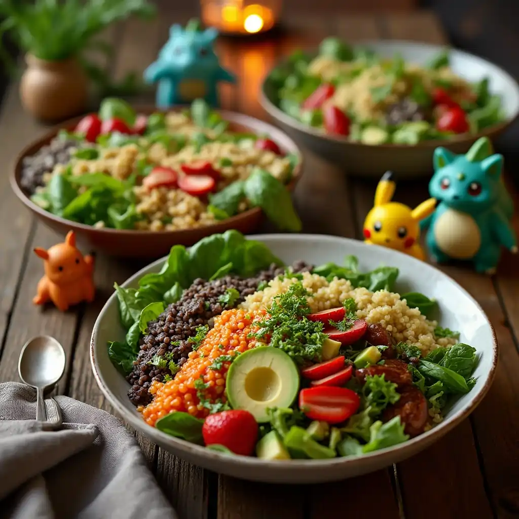 A vibrant display of colorful Pokémon Sleep Salad Recipes, featuring fresh ingredients and whimsical Pokémon-inspired designs.