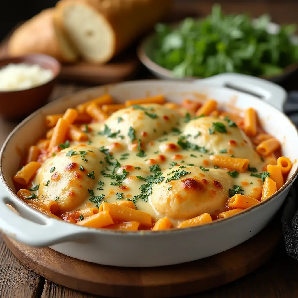 A delicious garlic parmesan chicken pasta bake with golden, melted cheese and fresh parsley, served in a white baking dish.