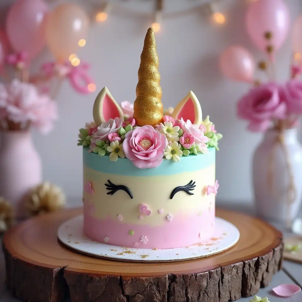 Unicorn cake featuring pastel rainbow frosting, a gold horn, edible flowers, and glitter accents, highlighting 2025 design trends.