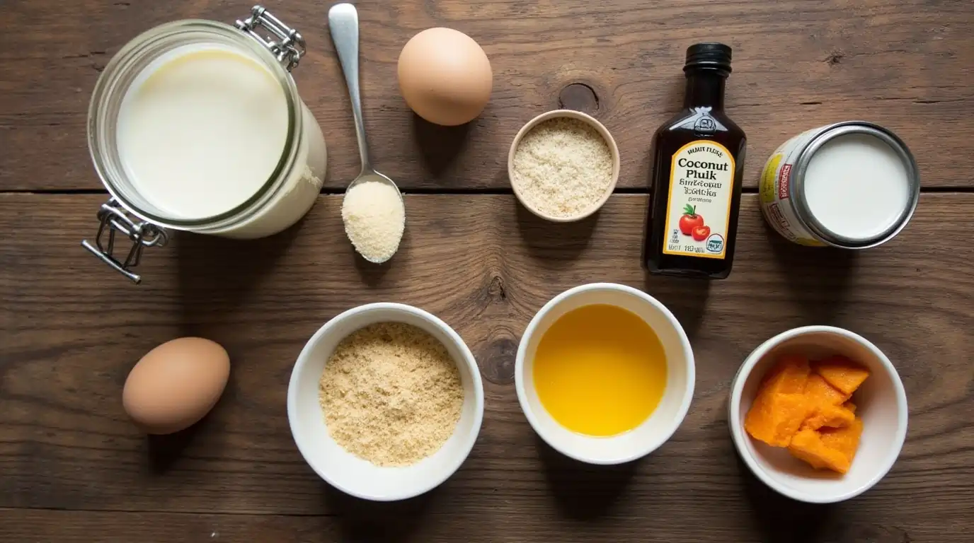 Flat-lay of keto crème brûlée ingredients including heavy cream, egg yolks, monk fruit sweetener, vanilla extract, coconut milk, and pumpkin puree on a rustic wooden table.