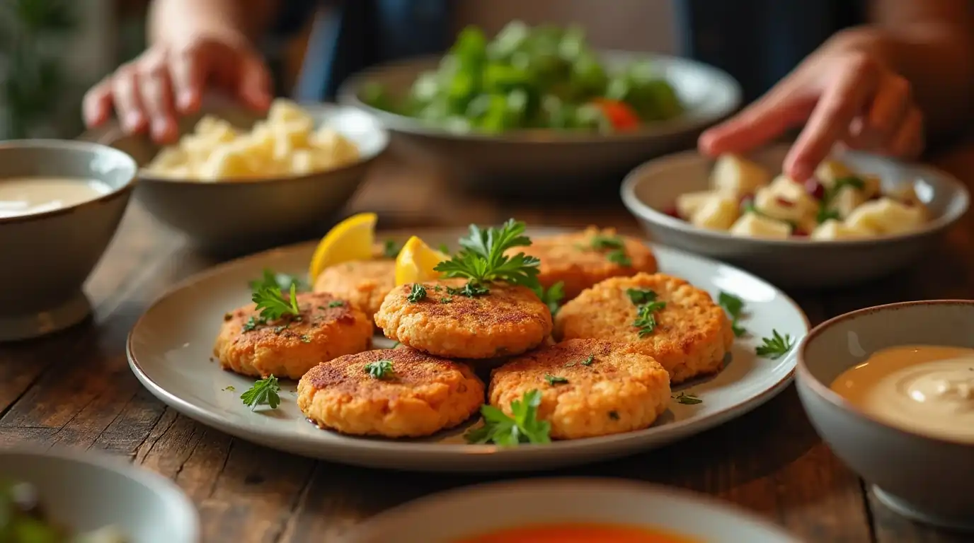 A family table showcasing old fashioned salmon patties with side dishes, creating a warm and inviting dining atmosphere.