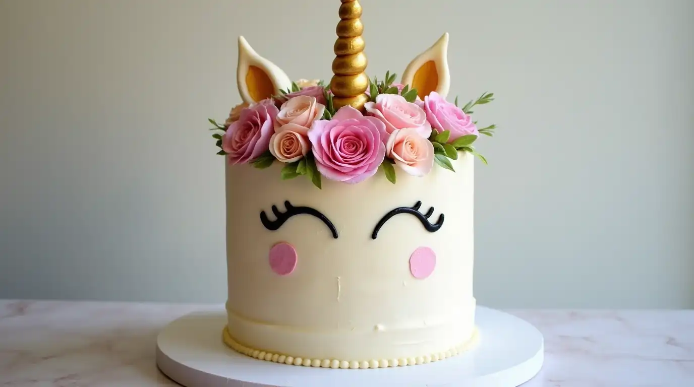 A unicorn cake with edible flowers and pastel buttercream frosting.