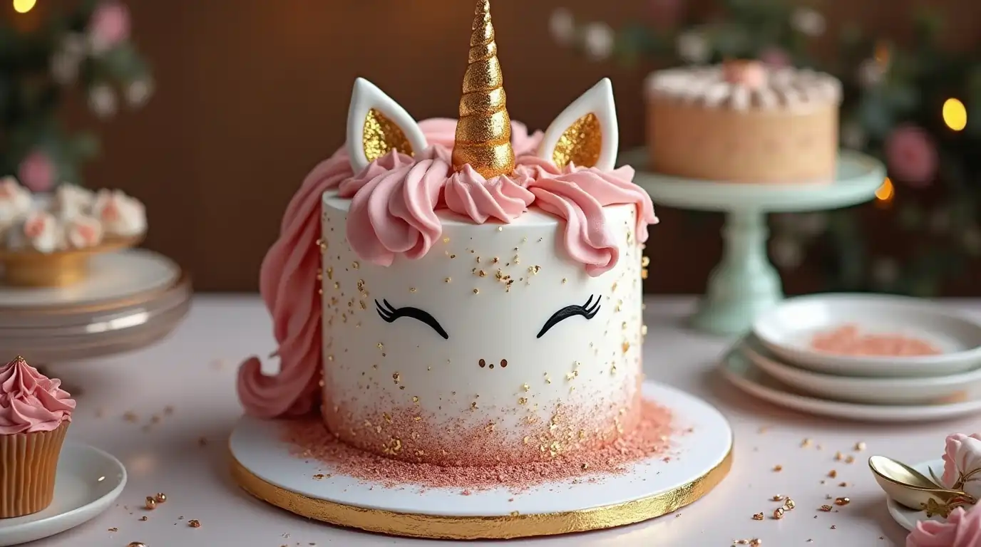 A glittery unicorn cake with metallic accents and a golden horn.