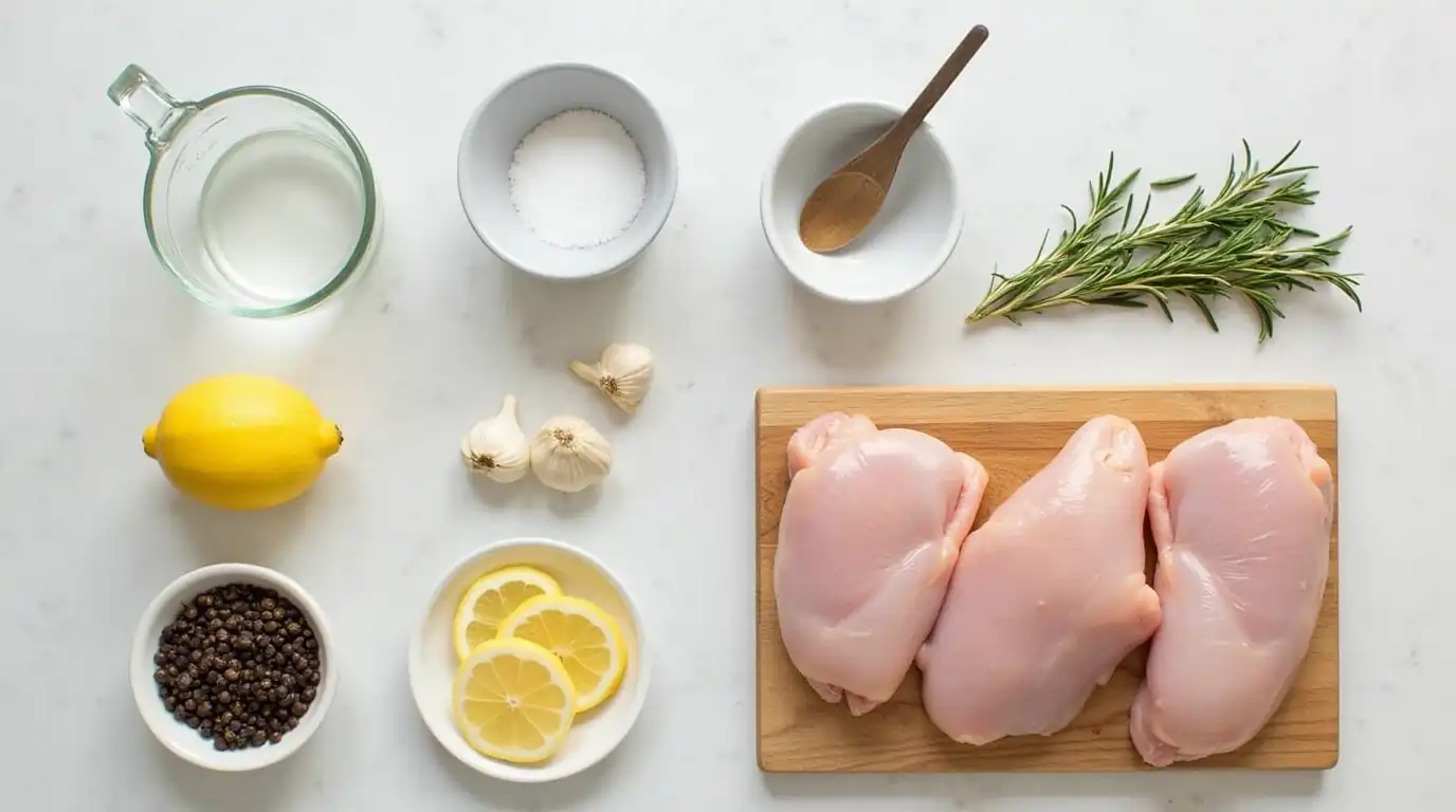 Ingredients for brining chicken thighs, including salt, sugar, peppercorns, rosemary, garlic, lemon slices, and raw chicken thighs on a modern kitchen countertop.