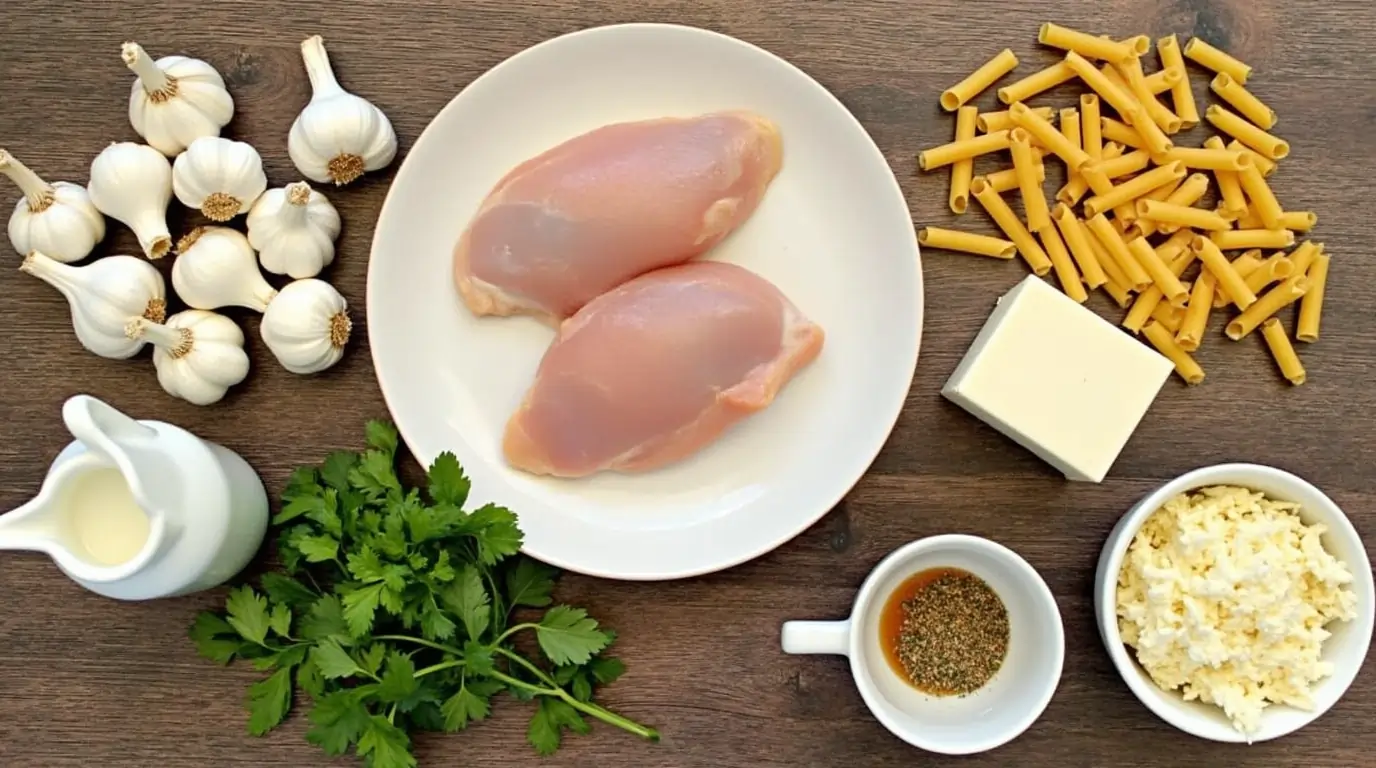 Fresh ingredients for garlic parmesan chicken pasta bake, including chicken breast, penne pasta, garlic, parmesan, mozzarella, and cream