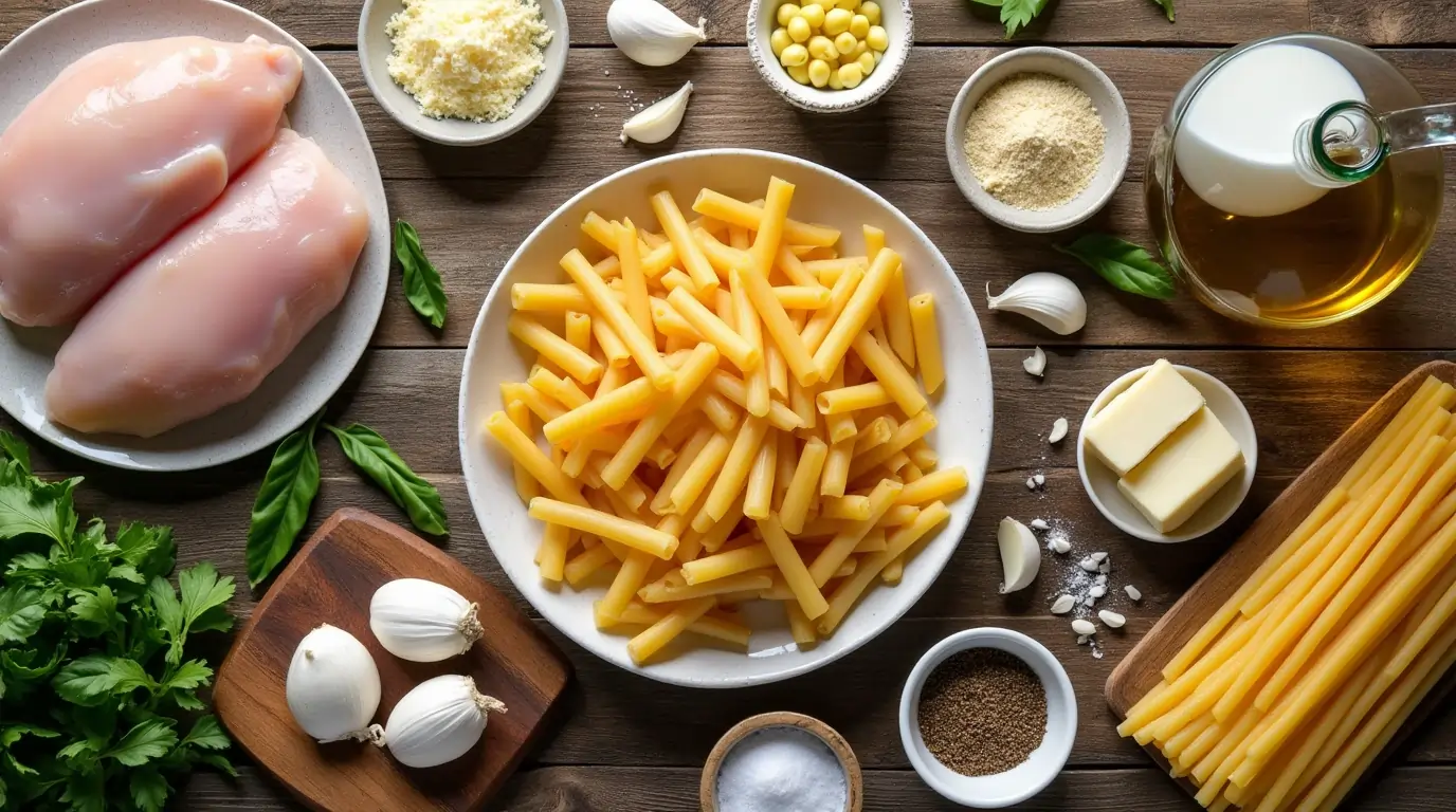 Flat lay of ingredients for Garlic Parmesan Chicken Pasta, including chicken breasts, parmesan, garlic, cream, butter, pasta, and seasonings.