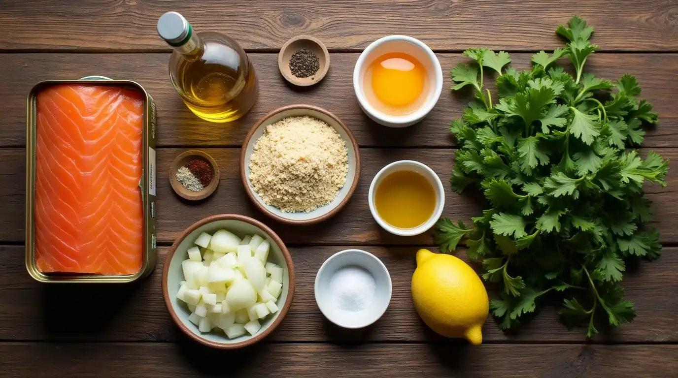 Ingredients for old fashioned salmon patties displayed on a wooden table, including salmon, breadcrumbs, egg, onion, parsley, and lemon.