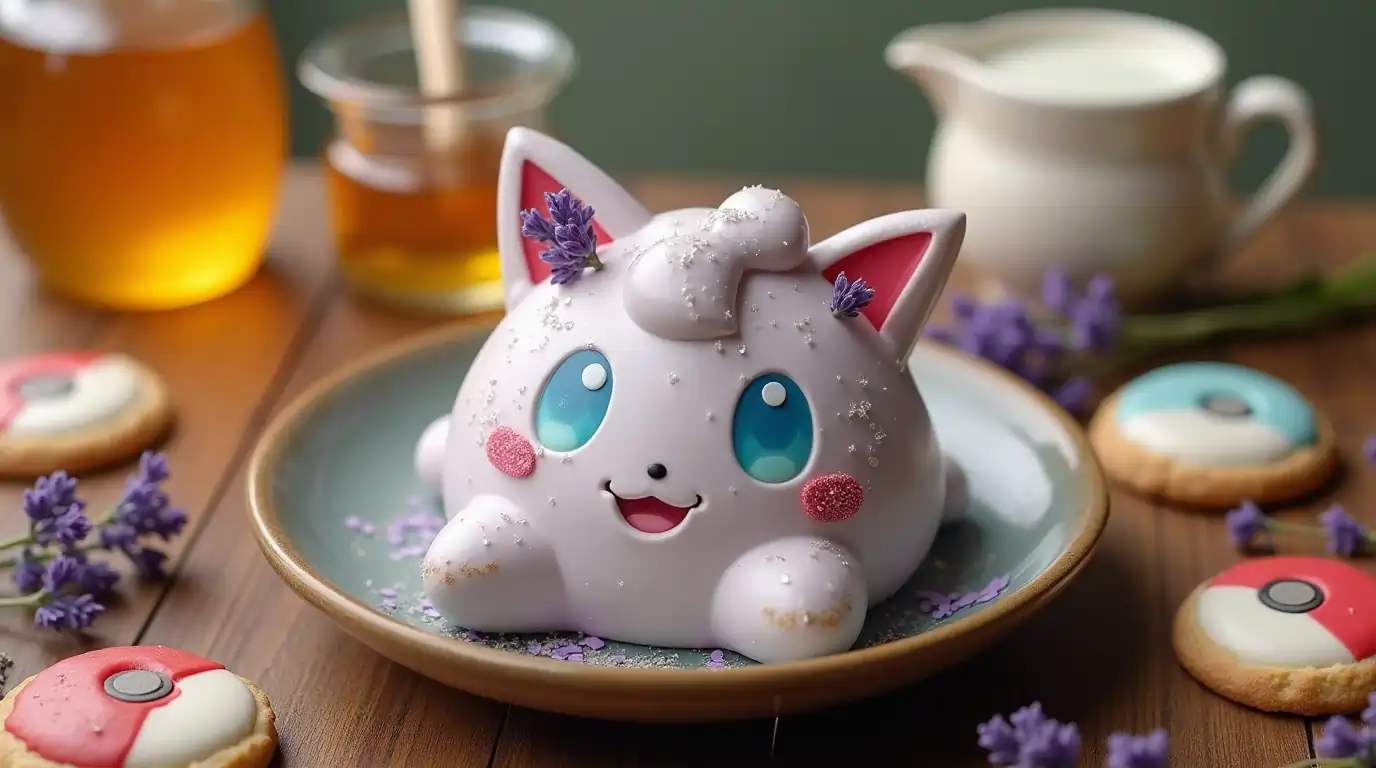 Jigglypuff-shaped lavender milk pudding, a Pokemon Sleep Dessert Recipe, with sprigs of lavender, honey jars, and Pokeball cookies.