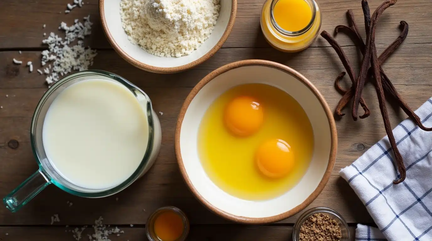 Overhead view of heavy cream, egg yolks, vanilla pods, and monk fruit sweetener for making Crème Brûlée Keto