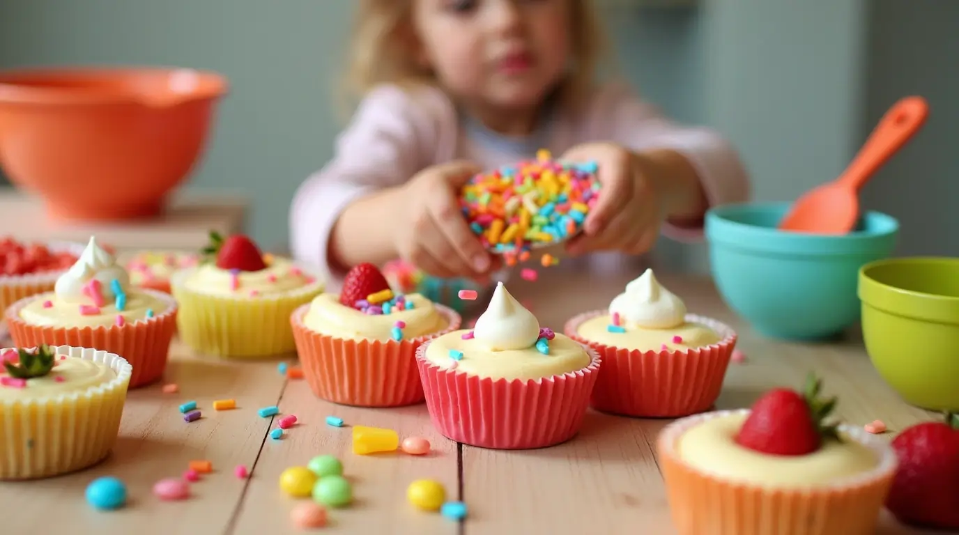 Mini cheesecakes decorated with rainbow sprinkles, gummy bears, and strawberries for a kid-friendly cheesecake recipe on a wooden table.