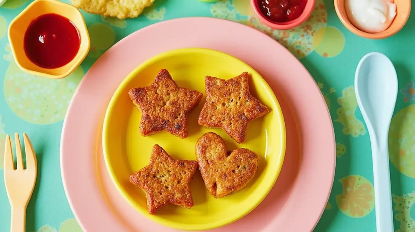 Mini old fashioned salmon patties shaped like stars and hearts on a colorful plate with kid-friendly dips.