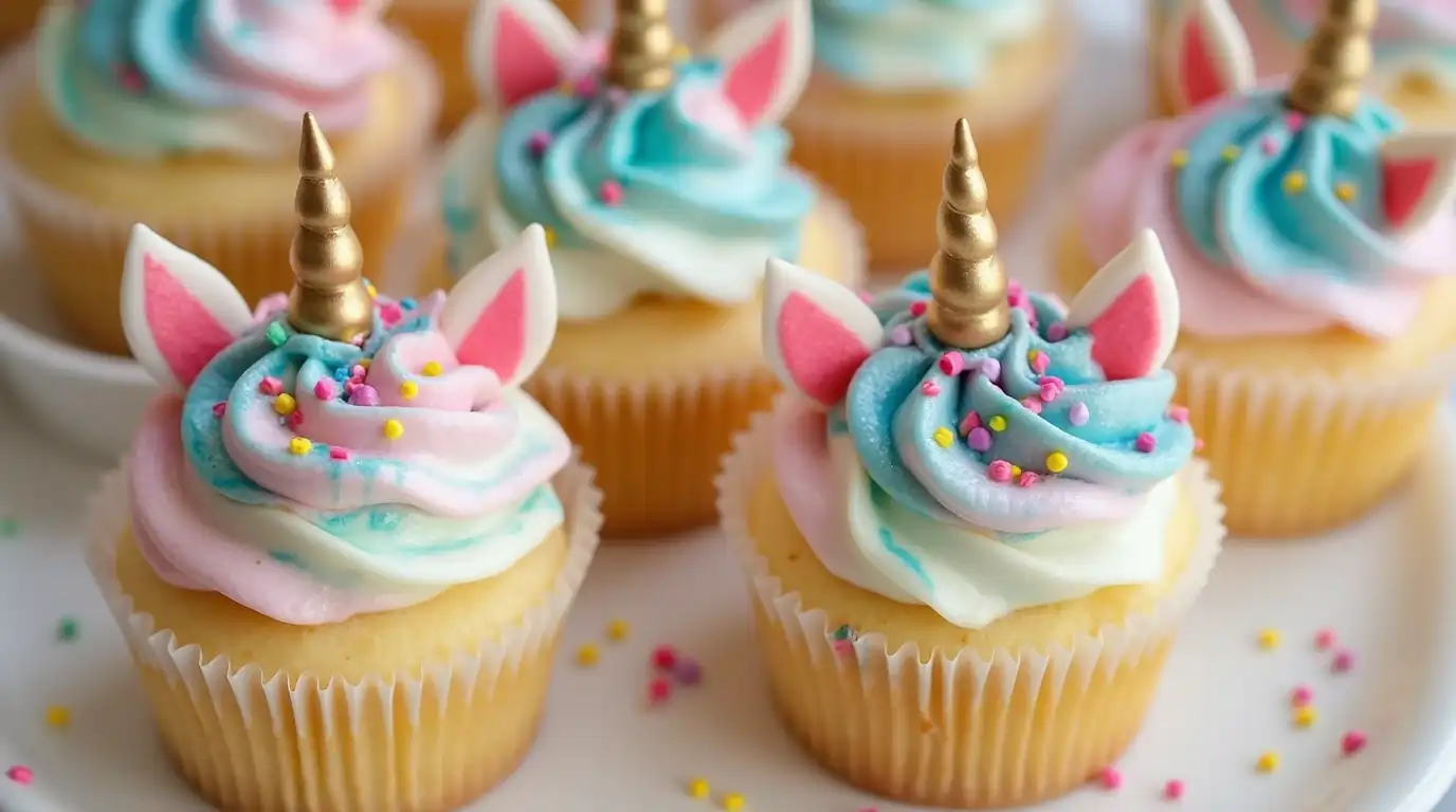 Mini cupcakes with unicorn horns and colorful frosting swirls.