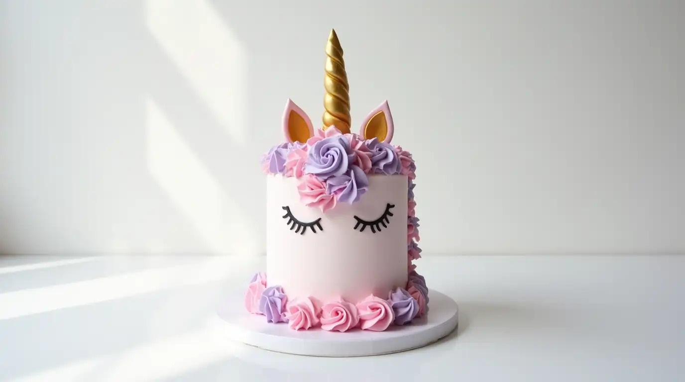 A minimalistic unicorn cake decorated with pastel frosting and a gold fondant horn, embodying a refined and simple 2025 design trend.