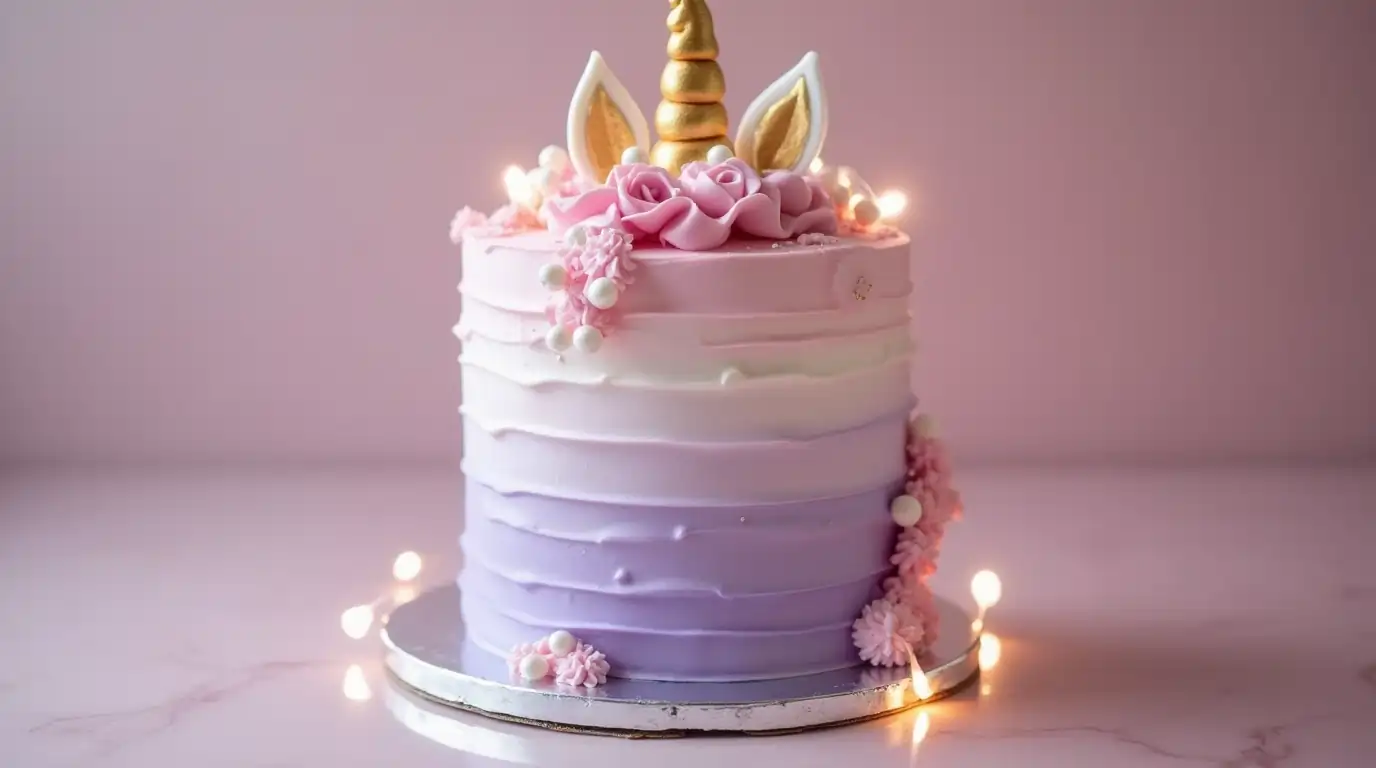 A luxurious ombre unicorn cake with pastel gradients, metallic gold accents, and decorative pearls