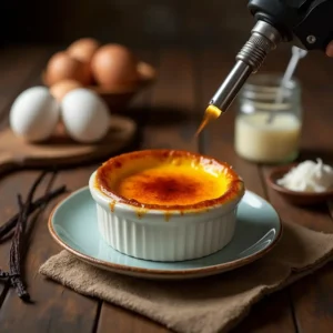 A beautifully caramelized Crème Brûlée Keto dessert in a ramekin with vanilla pods and eggs on a wooden table.