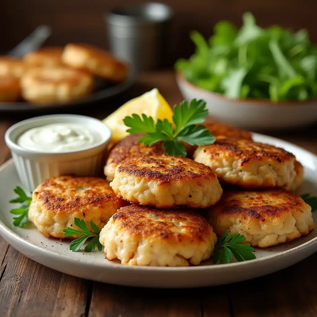 A plate of golden-brown Old Fashioned Salmon patties garnished with parsley and lemon slices, served with tartar sauce on a wooden table.