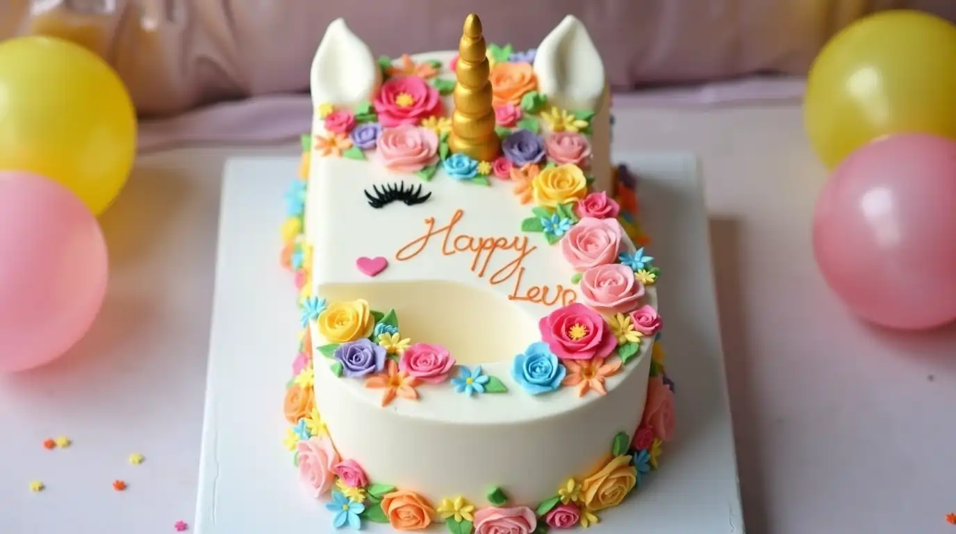 A custom unicorn cake shaped like a number five, personalized with colorful decorations and a gold fondant horn.