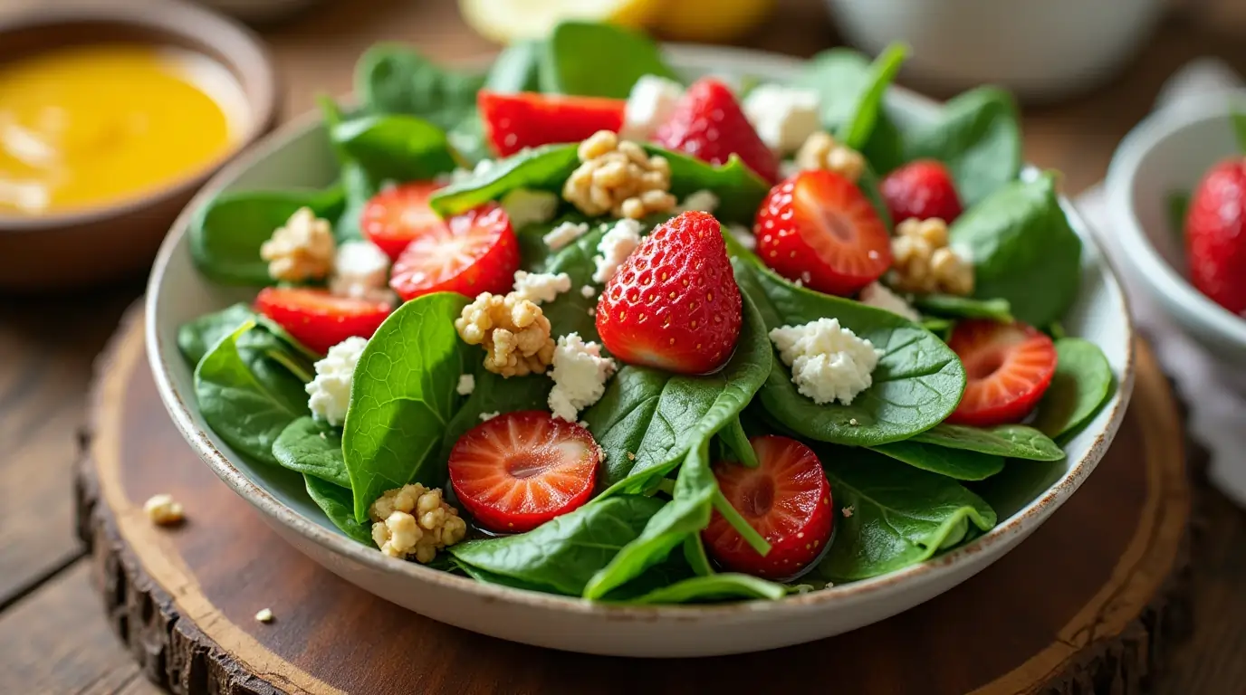 A vibrant spinach salad with strawberries, walnuts, and feta cheese for Pikachu-inspired Pokémon Sleep Salad Recipes.