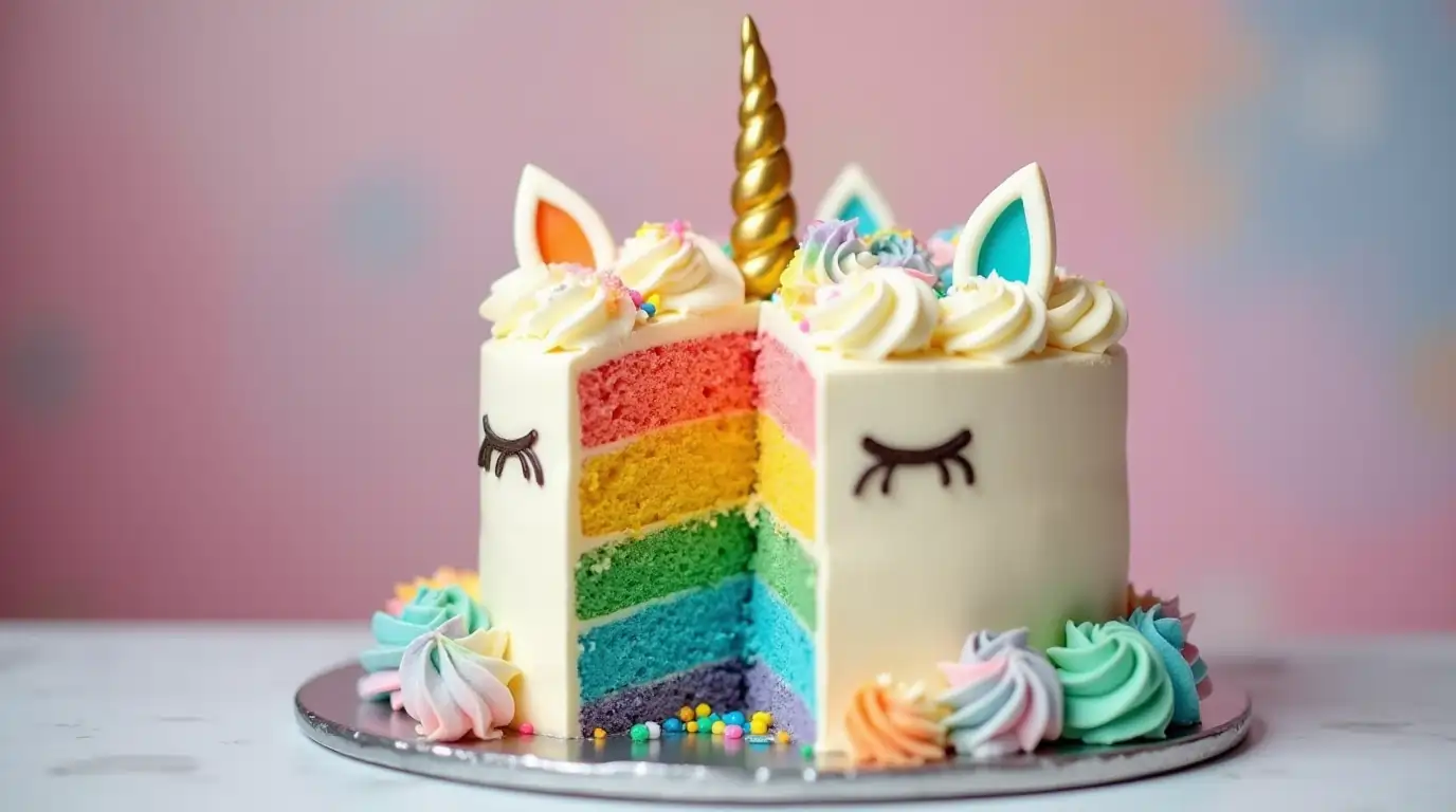 A unicorn cake with rainbow layers and pastel frosting topped with a golden horn.