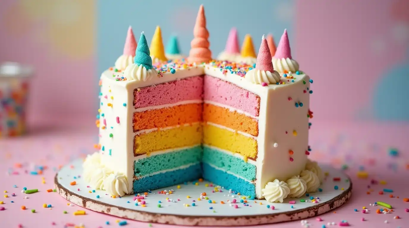 A sliced rainbow unicorn cake showing vibrant layers, topped with edible glitter and rainbow sprinkles.