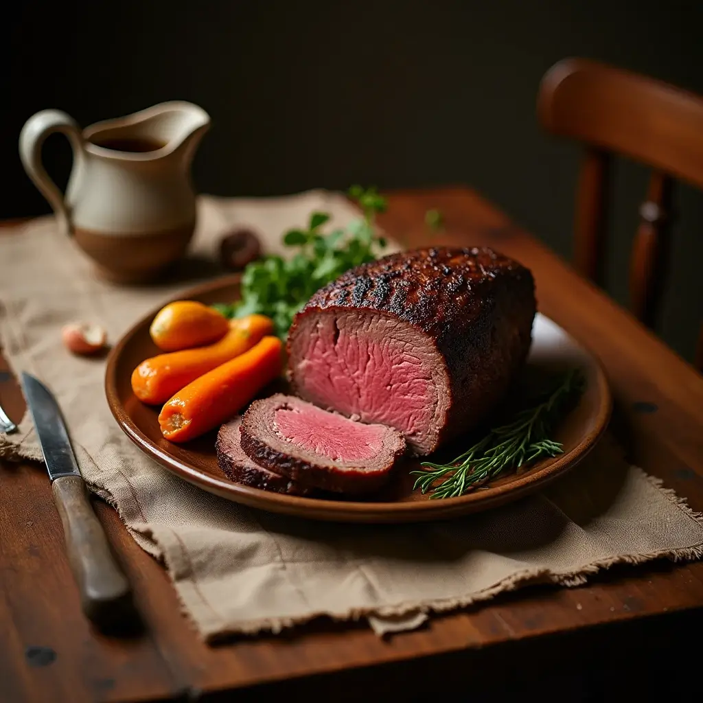 A perfectly plated roast beef nutrition dinner with roasted vegetables and gravy on a rustic wooden table.