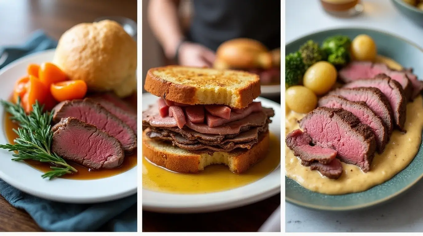 A display of three roast beef nutrition dishes representing British, American, and French culinary styles.