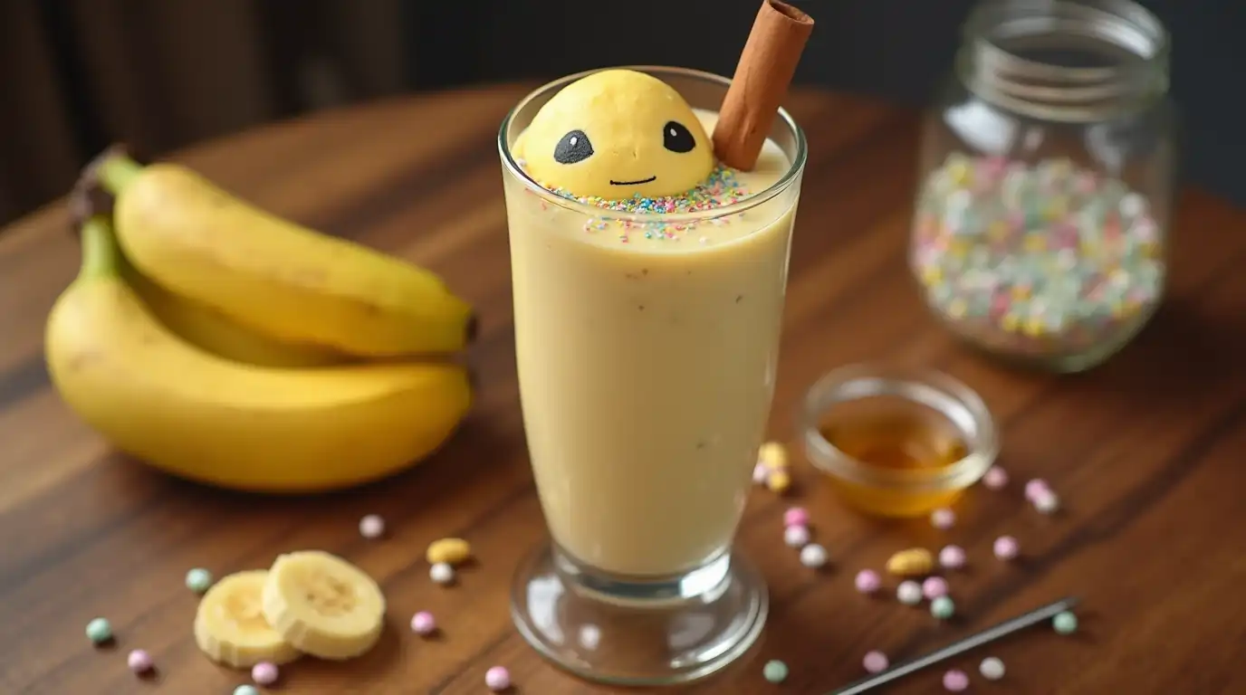 Snorlax-inspired banana honey smoothie, a Pokemon Sleep Dessert Recipe, garnished with cinnamon and surrounded by bananas and Pokeball sprinkles.