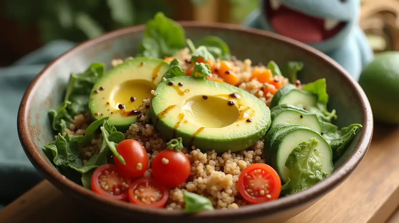 A creamy avocado bowl with quinoa, cherry tomatoes, cucumbers, and mixed greens for Snorlax-inspired Pokémon Sleep Salad Recipes.