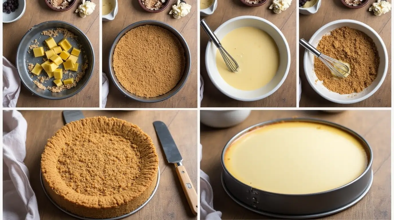 Step-by-step preparation of a cheesecake recipe, showing the crust, filling, and assembled cheesecake on a wooden table.